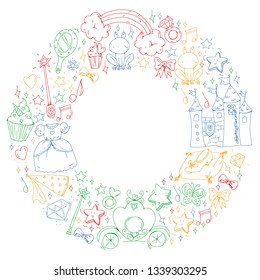 Birthday party in princess style. Vector set of different elements for little girls. Wrapping paper, wallpaper.