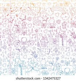 Birthday party in princess style. Vector set of different elements for little girls. Wrapping paper, wallpaper.