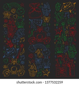 Birthday party in princess style. Vector set of different elements for little girls. Wrapping paper, wallpaper.