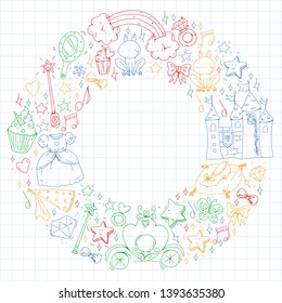 Birthday party in princess style. Vector set of different elements for little girls. Wrapping paper, wallpaper.