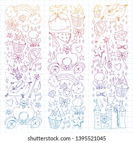 Birthday party in princess style. Vector set of different elements for little girls. Wrapping paper, wallpaper.