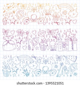 Birthday party in princess style. Vector set of different elements for little girls. Wrapping paper, wallpaper.