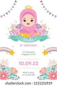 Birthday Party Printable Invitation Card With Cute Hijab Princess