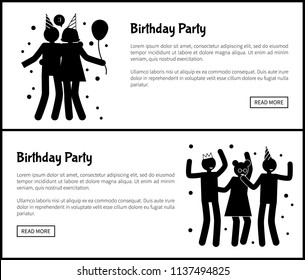 Birthday party promotional monochrome banners set with black silhouettes of men and women who have fun isolated cartoon flat vector illustrations.