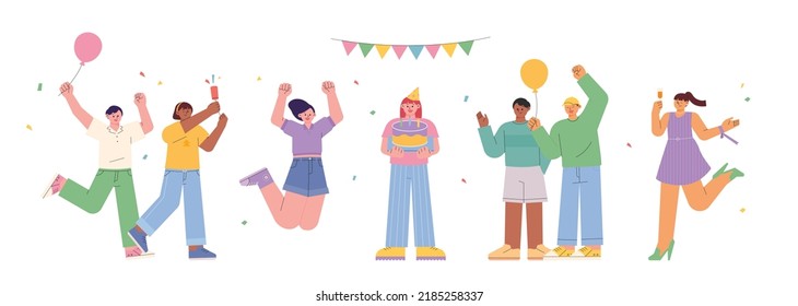 birthday party. The birthday protagonist is holding a cake and friends are celebrating. flat design style vector illustration.