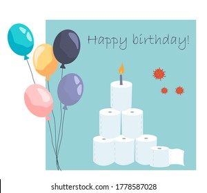 Birthday Party In Qarantine.Happy Quarantine Birthday With Toilet Paper Cake And Candle.Celebrate Online Birthday Party During Covid 19.Flat Vector Illustration