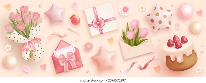 Birthday party realistic elements set. Birthday cake, helium balloons, bouquet of tulips, gift box, envelope and flowers isolated on background. Vector illustration