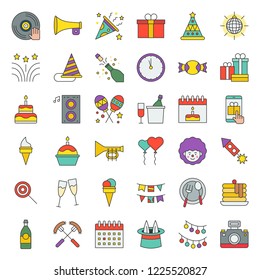 Birthday party, party related icon set, editable stroke filled outline.
