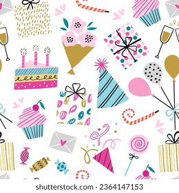 Birthday party seamleass pattern. Birthday decor illustration texture background