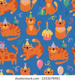 Birthday party seamless pattern background with cute cats. Childish print for invitation and templates