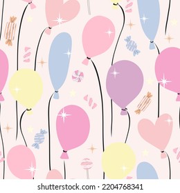Birthday party seamless pattern with balloons and candies.