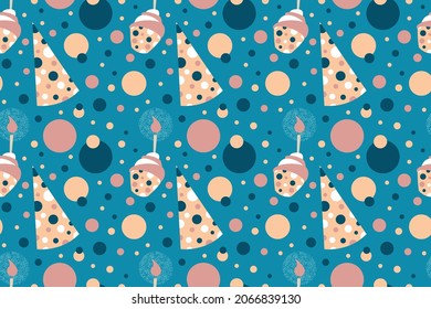 Birthday party seamless pattern with blue background. Delicious birthday party cupcakes with whipped cream. Texture for fabric, wrapping, wallpaper. Decorative print. Confetti.