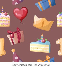Birthday party seamless pattern with cakes, gifts, and balloons