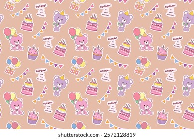 Birthday party seamless pattern clipart background design. Happy birthday greeting in endless and continuous hand drawn colorful decoration clip art elements. Vector illustration surprise party