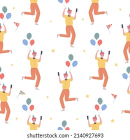 Birthday Party seamless pattern collection, people, gift boxes and confetti, balloons and flags, cake and caps