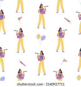Birthday Party seamless pattern collection, people, gift boxes and confetti, balloons and flags, cake and caps