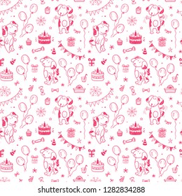 Birthday Party Seamless pattern with Cute Dogs. Happy Birthday Festive Background with Hand Drawn Doodle Funny Puppy, Birthday Cake, Sweets, Bunting Flag, Balloons, Gift Box and other Party Supplies. 