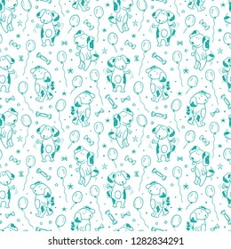 Birthday Party Seamless pattern with Cute Dogs. Happy Birthday Festive Background with Hand Drawn Doodle Funny Puppy, Sweets and Balloons.