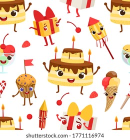 Birthday Party Seamless Pattern with Cute Funny Desserts Characters, Textile, Wallpaper, Packaging, Background Design Vector Illustration