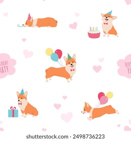 Birthday party seamless pattern with cute Corgi dogs illustration. Pet wearing party hat, with cake, gift and balloons. Vector design for wrapping paper