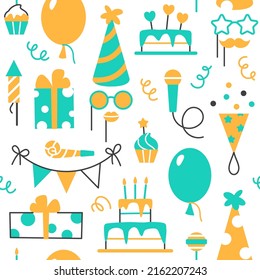 Birthday party seamless pattern design. Color flat line festive elements on white background. Balloon cupcake gift cake hat muffin whistle. Wrapping paper or wallpaper repeat tile vector illustration.