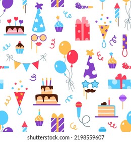 Birthday party seamless pattern design. Colorful festive holiday elements on white background. Balloon muffin firecracker gift cake hat mask Wrapping paper or wallpaper repeat tile vector illustration