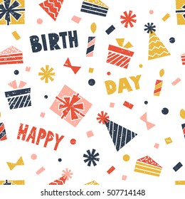 Birthday party seamless pattern. Doodle style greeting card. Vector illustration