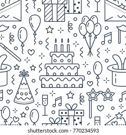 Birthday Party Seamless Pattern, Flat Line Illustration. Vector Icons Of Event Agency, Wedding Organization - Cake, Balloons, Gifts, Invitation, Kids Entertainment. Cute Repeated Background.