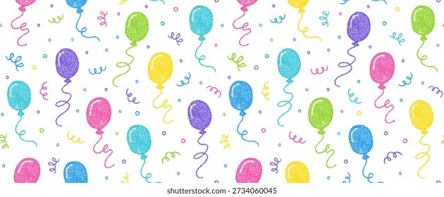 Birthday party seamless pattern with flying balloons drawing with crayon pencils. Abstract background with cute bright doodle balloons with cords and confetti with chalk texture, vector illustration