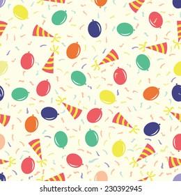 Birthday party seamless pattern with funny cap and air balloon for gift wrapping. Vector, EPS 10