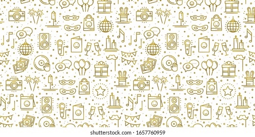 Birthday Party Seamless Pattern In Gold. Party Decor Elements: Birthday Cake, Gift, Confetti. Festive, Event, Entertainment, Fun,  Carnival Theme. Golden Texture. Vector Illustration. Line Background.