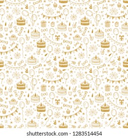 Birthday Party Seamless Pattern With Hand Drawn Doodle Birthday Cake, Sweets, Bunting Flag, Balloons, Gift Box And Other Party Supplies. Celebratory Background. Golden Holiday Wallpaper. 