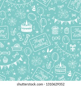 Birthday Party Seamless Pattern with Hand Drawn Doodle Birthday Cake, Sweets, Bunting Flag, Balloons, Gift Box and other Party Supplies. Celebratory background. Holiday Wallpaper