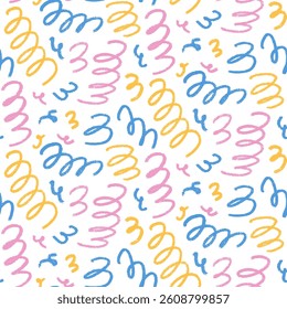 Birthday party seamless pattern template. Spirals lines geometric party background. Fun confetti repeat covering. Surface pattern design holiday motif. Vector hand drawn illustration.