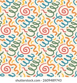 Birthday party seamless pattern template. Spirals lines geometric party background. Fun confetti repeat covering. Surface pattern design holiday motif. Vector illustration.