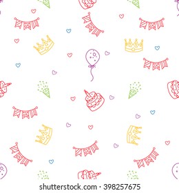 Birthday Party Seamless Pattern Thin Colored Line Vector Drawing On White Background
