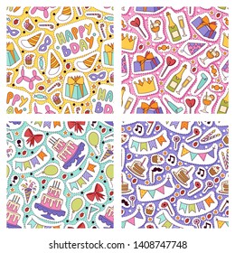 Birthday party seamless pattern vector anniversary cartoon kids happy birth cake or cupcake celebration with gifts and birthday candles flags sticker backdrop set illustration background.