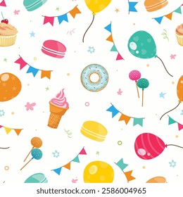 Birthday party seamless pattern. Vector background texture. Wrapping paper, balloons, sweets, decoration