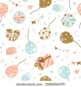 Birthday party seamless pattern. Vector background texture. Wrapping paper, balloons, sweets, decoration, light colors, Aesthetic, pastel