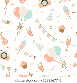 Birthday party seamless pattern. Vector background texture. Wrapping paper, packing paper, party, celebration