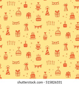 Festa de aniversário sem emenda padrões com rabiscos desenhados à mão da caixa de presente, balões, bolos no fundo amarelo. Bom para cartão de saudação, convite, papel de embrulho. Ilustração vetorial