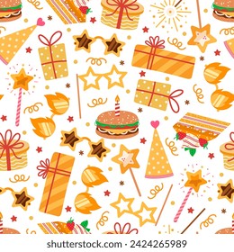 Birthday party seamless vector pattern. Cool golden toys for celebration - sparkler, star shaped glasses, magic wand, gifts, burger, cake. Surprise for children, kids. Cartoon background for print