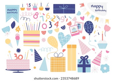 Birthday party set. Cartoon colorful elements for party celebration, colorful sweet elements for greeting card decoration. Vector isolated collection. Holiday congratulations, presents