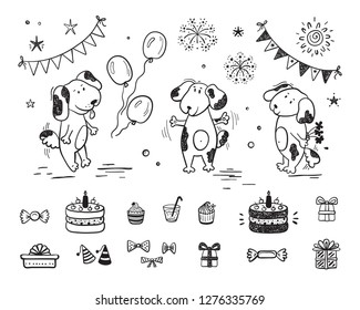 Birthday Party Set with Cute Dogs. Happy Birthday Card Template with Hand Drawn Doodle Funny Puppy, Birthday Cake, Sweets, Bunting Flag, Balloons, Gift Box and other Party Supplies.