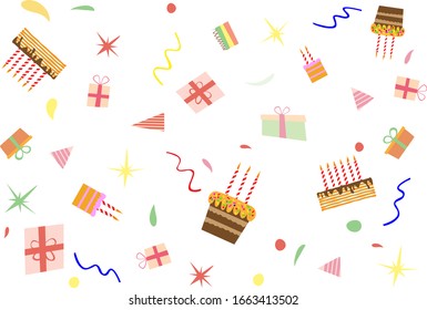 Birthday party set, flat vector children's design, cakes, cupcakes, gift boxes, candles.