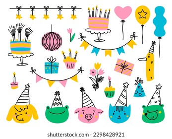 Birthday party. Set of graphic elements. Vector illustration with animal hands, party hats, gifts, balloons, cakes with candles, garlands, flags, bouquet of flowers.