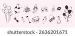 Birthday party set in hand drawn coquette style. Outline whimsical symbols for girls bachelorette. Trendy art for invitation and banner for holidays. Doodle vector illustration