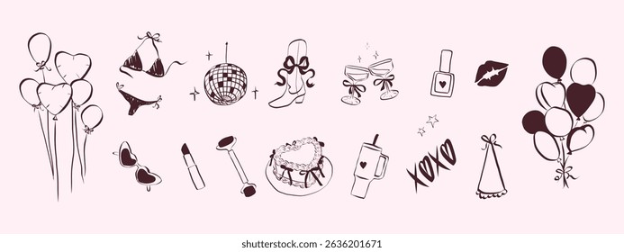 Birthday party set in hand drawn coquette style. Outline whimsical symbols for girls bachelorette. Trendy art for invitation and banner for holidays. Doodle vector illustration