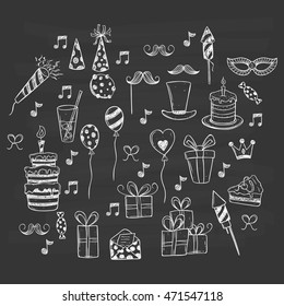 Birthday party set icons or elements using doodle or hand drawing style on chalkboard background