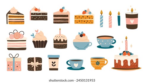 Birthday party set isolated on white background. Scandinavian style. Sweet celebration cupcakes and birthday gifts. Delicious dessert cakes